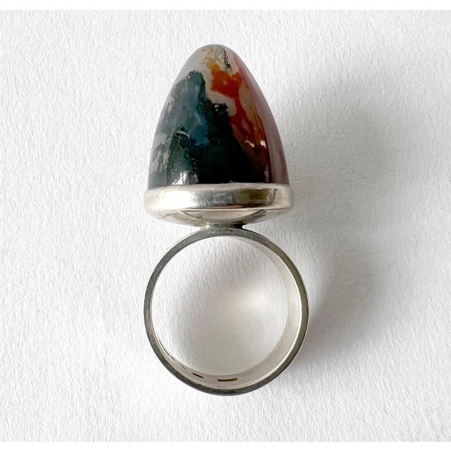 Modern George Kaplan Ge-Kå Swedish Modernist High Domed Moss Agate Sterling Silver Ring For Sale - Image 3 of 5