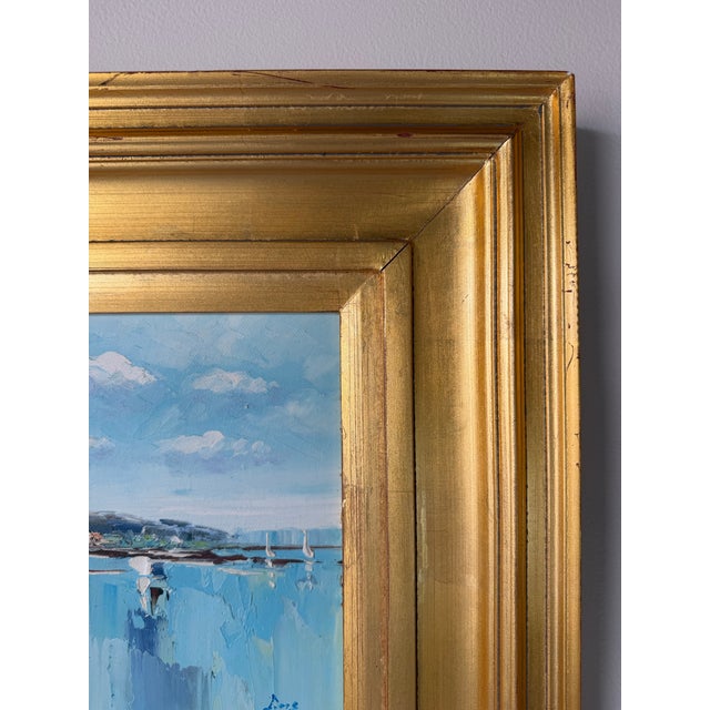 Wood Vintage Impressionist Abstract Coastal Harbor Oil on Canvas Painting, Gold Wood Framed For Sale - Image 7 of 12