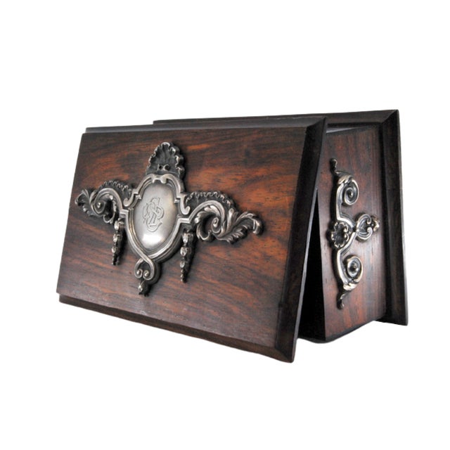 Wooden Jewelry Box with Silver Applications and Coat of Arms Letters on the Lid For Sale - Image 3 of 11