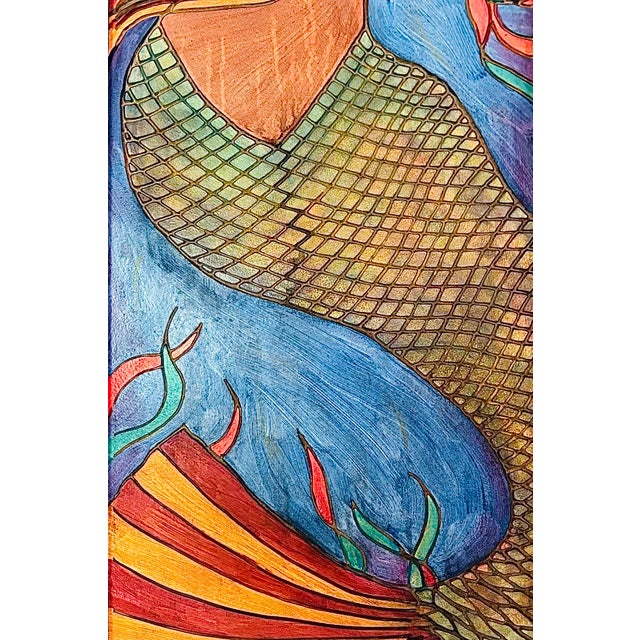 2000 - 2009 Outstanding Vintage Original Hand Carved & Painted Wood Framed Mermaid Coastal Boho Artwork Tony Krysinsky For Sale - Image 5 of 10