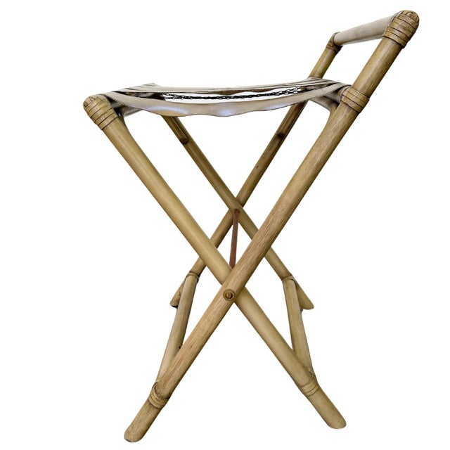 Mid 20th Century Vintage Mid-Century Faux Bamboo & Faux Leather Folding Luggage Rack For Sale - Image 5 of 13
