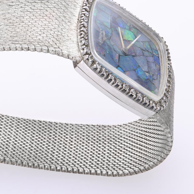 1970s Vintage Longines Opal Mosaic Dial 34mm Diamond Bezel 18k White Gold Watch For Sale - Image 5 of 14
