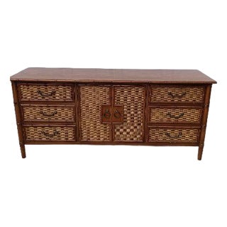 1980s Genuine Dixie 7 Drawer Dresser Faux Bamboo Rattan Wicker For Sale