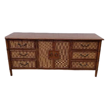 1980s Genuine Dixie 7 Drawer Dresser Faux Bamboo Rattan Wicker For Sale