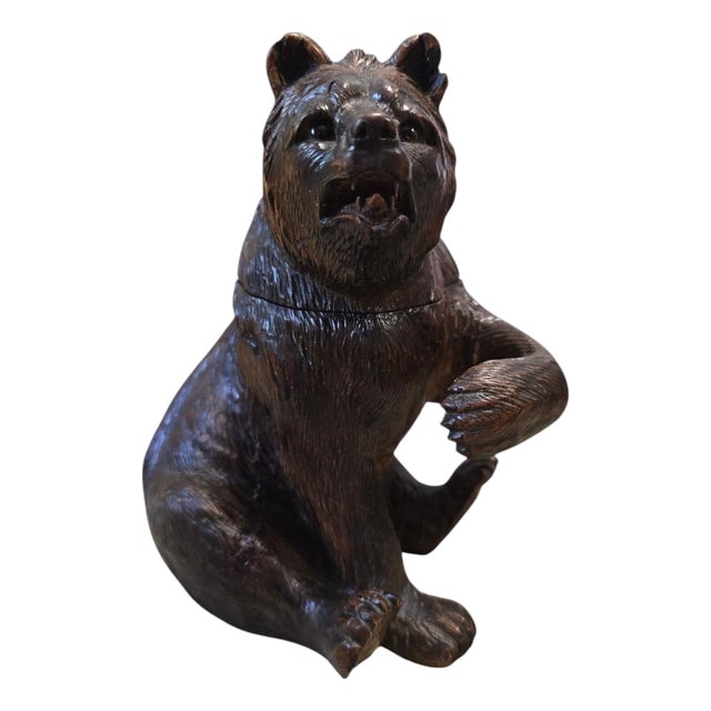 Antique Black Forest Carved Bear Inkwell with Glass Eyes and Original Glass, 1890 For Sale