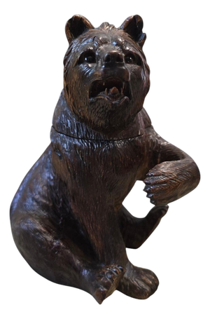 Antique Black Forest Carved Bear Inkwell with Glass Eyes and Original Glass, 1890