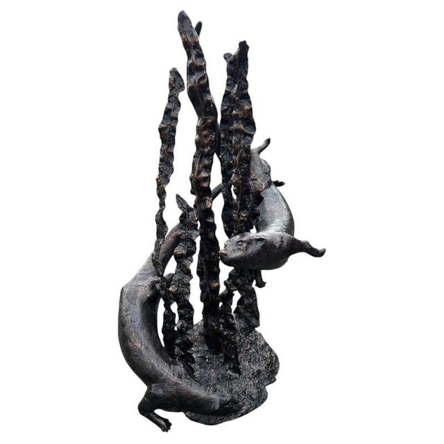 Bronzed Metal Swimming Otters in Kelp Garden Fountain Sculpture For Sale - Image 6 of 16