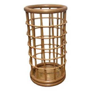 Mid Century Boho Chic Bamboo and Rattan Umbrella Stand Styled After Franco Albini For Sale
