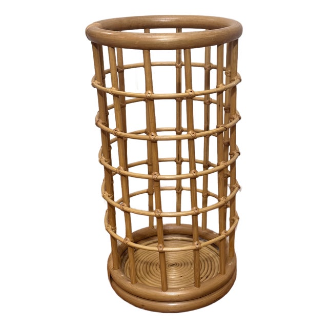 Vintage Mid Century Boho Chic Bamboo and Rattan Umbrella Stand Styled After Franco Albini For Sale