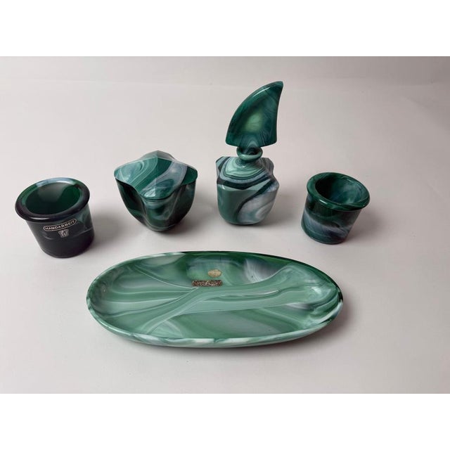 Green White Mouth-Blown Glass Dressing Table Set, 1950s, Set of 5 For Sale - Image 3 of 16