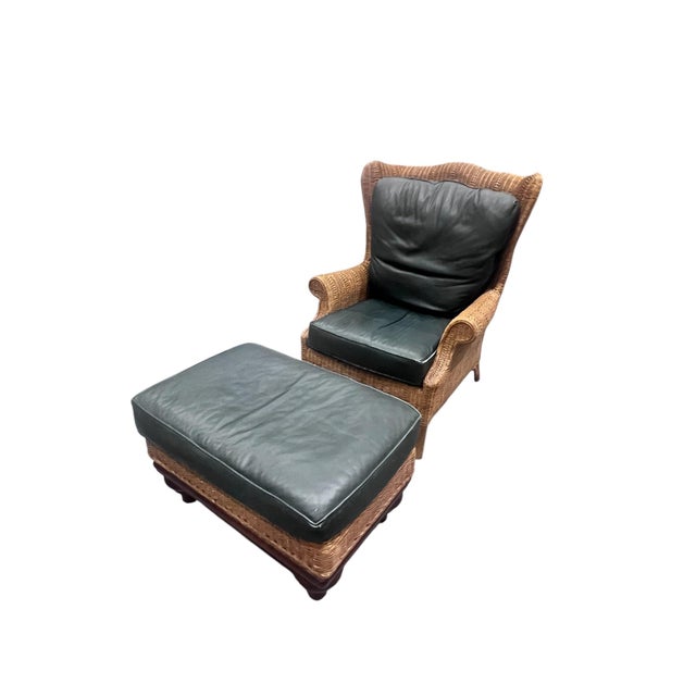 Lexington Furniture Pair of Large Wicker Wingback Chairs With Ottoman by Henry Link for Lexington Furniture 1972 For Sale - Image 4 of 12