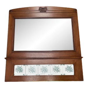Mid 20th Century 1960s Wall Mirror Cherry Wood Green Tile Beveled Shaving