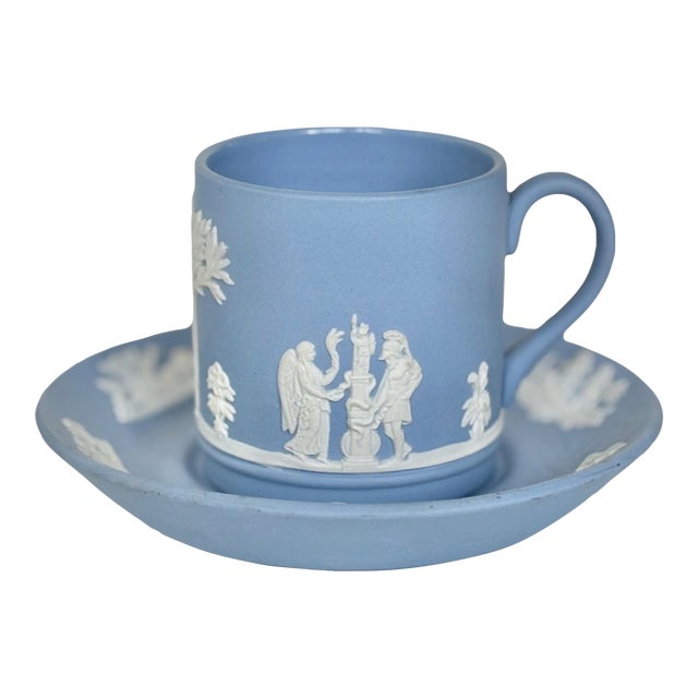 Vintage Wedgwood Jasperware Demitasse Cup and Saucer – Glazed Interior - Pale Blue Espresso Set For Sale