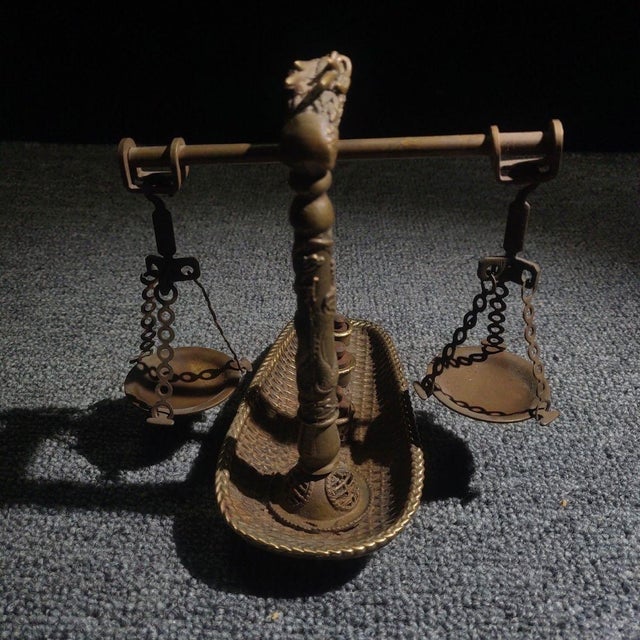 Asian Vintage Brass Dragon-Head Balance Scale With Original Weights For Sale - Image 3 of 9
