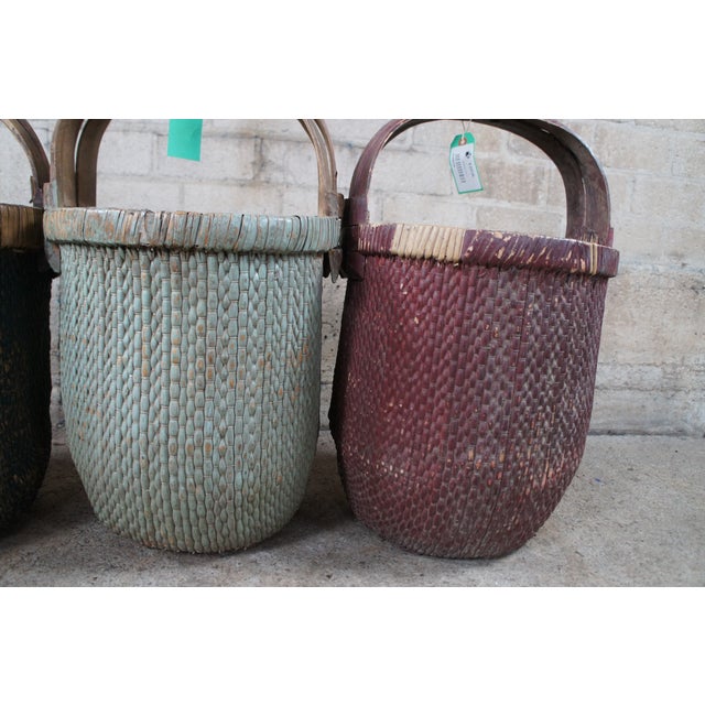Wood 3 Antique Chinese Bentwood Woven Willow Rice Harvest Gathering Basket 26" For Sale - Image 7 of 12