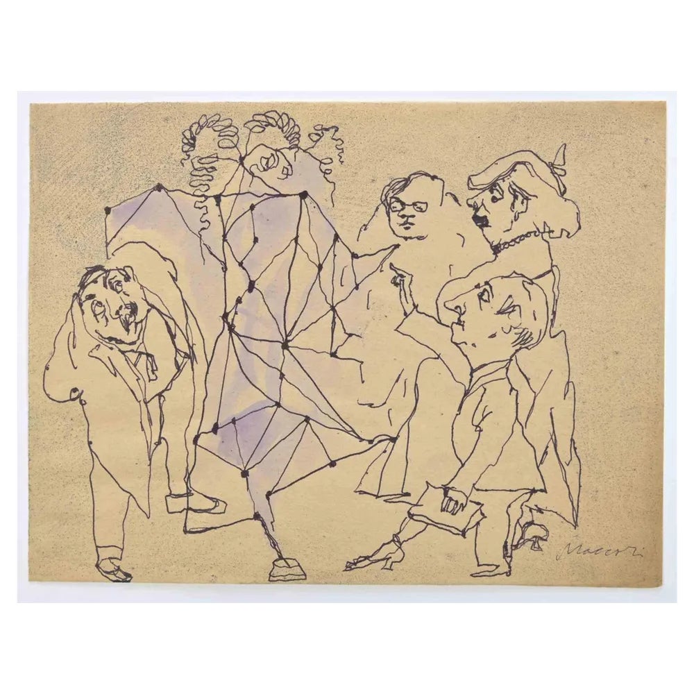 Mino Maccari, The Puzzling Show, Ink Drawing, 1960s | Chairish