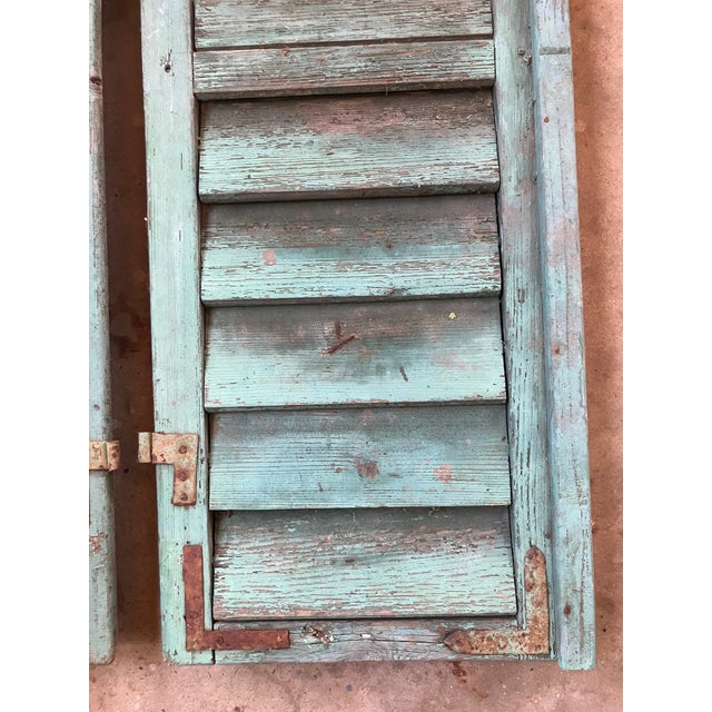 Robin's Egg Blue 1900's French Robins Egg Blue Painted Wooden Window Shutters /Pr For Sale - Image 8 of 8