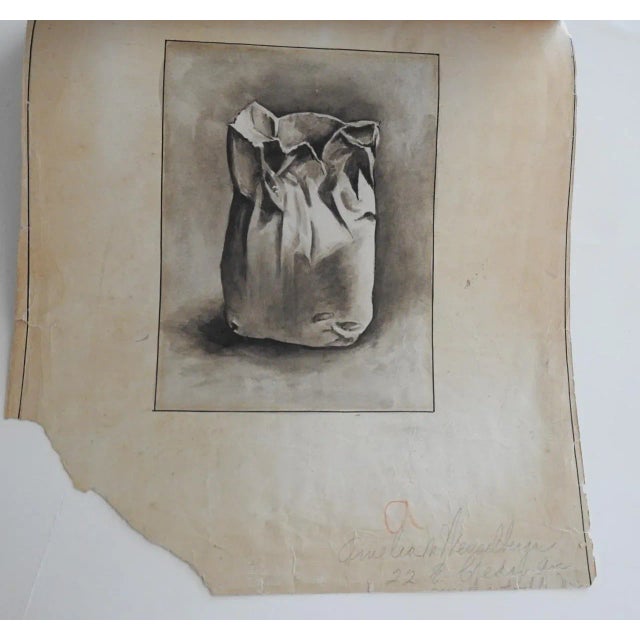 Early 20th Century Grisaille Still Life Watercolor Painting of Paper Bag For Sale - Image 4 of 4