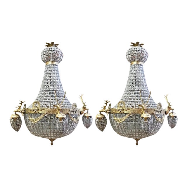 Vintage French Louis XVI Style Large Chandeliers With Gold Deer Heads - Pair For Sale