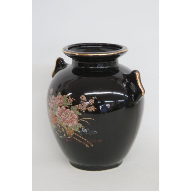 Japanese Japanese Porcelain Small Handled Vase Black With Gold Trim Floral Motif 5022b For Sale - Image 3 of 11
