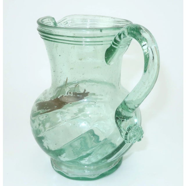 Light Green Vintage Hand Blown Glass Bar Pitcher With Painted Ship & Nautical Motif For Sale - Image 8 of 10