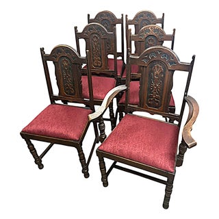 Antique 1920s Spanish Revival Oak Dining Chairs With New Burgundy Seat Upholstery - Set of 6 For Sale