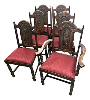 Antique 1920s Spanish Revival Oak Dining Chairs With New Burgundy Seat Upholstery - Set of 6