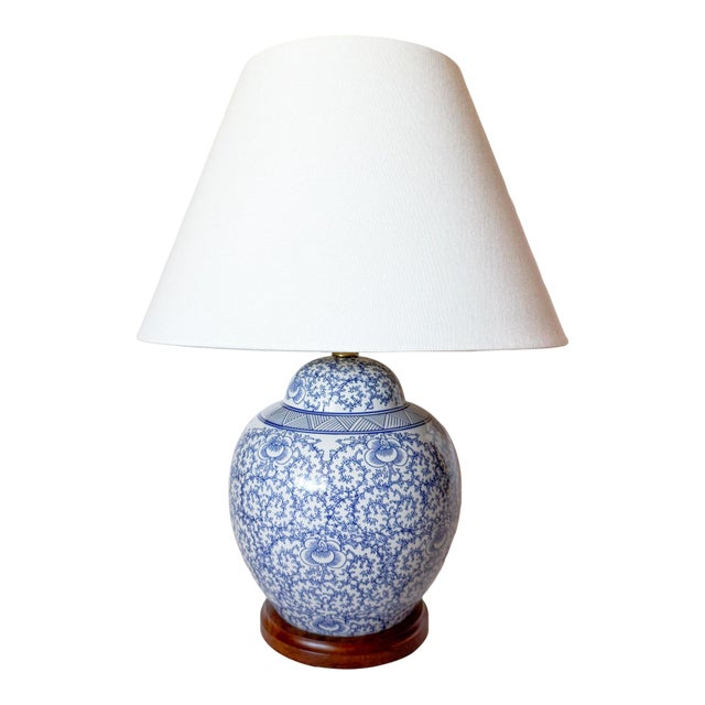 Ralph Lauren Blue and White Ceramic Ginger Jar Lamp With Scrolling Vine Motif For Sale