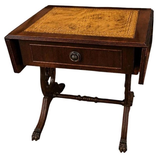 Regency Mahogany Drop-Leaf Side Table with Gilt Leather Top For Sale - Image 9 of 9