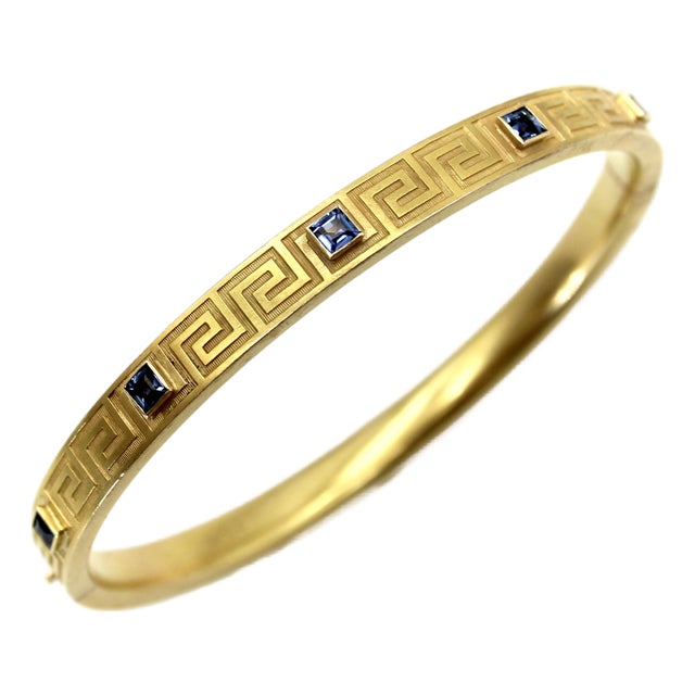Late 19th Century Victorian 14k Gold Greek Key Design Bracelet With Sapphires For Sale