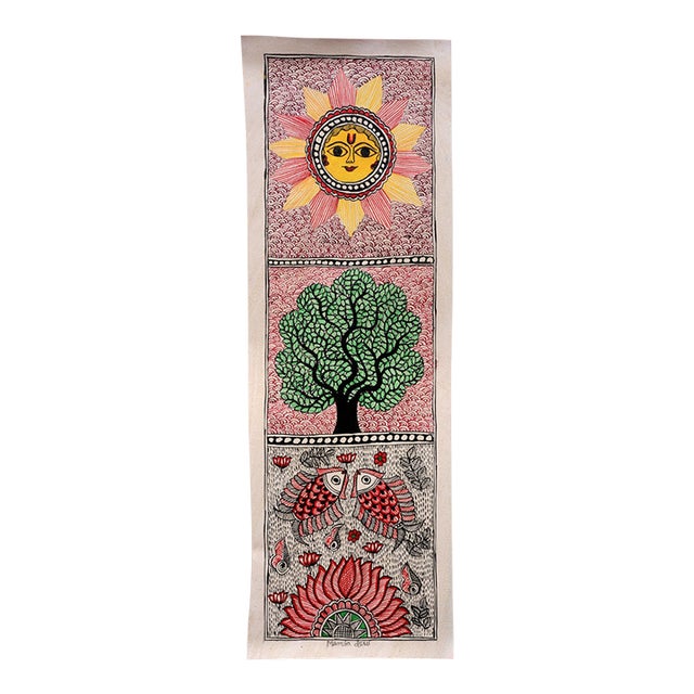 Mamta Devi, 2016 National Award-Winning Artist – Hand-Painted Madhubani Folk Painting on Canvas, Sun God, Tree of Life, Sacred Fish & Lotus For Sale