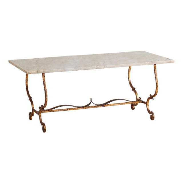 French Brass Base Coffee Table with Blush Marble Top, 1950s For Sale