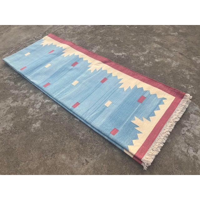 Sky Blue Handmade Cotton Vegetable Dyed Rug, Sky Blue and Pink Geometric Dhurrie-8'x10' For Sale - Image 8 of 13