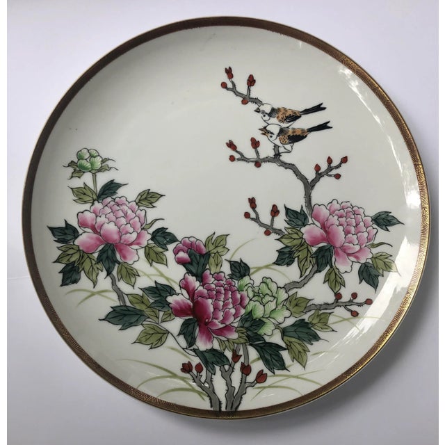 Ceramic Large Round Chinoiserie Handpainted Porcelain Serving Platter With Birds and Peonies For Sale - Image 7 of 8
