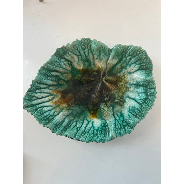 3 Victorian ceramic majolica leaf form dishes, or ashtrays. Plate stands, not included.