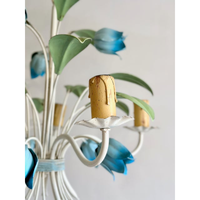French Blue Tole Tulip 5-Light Chandelier, 1960s For Sale - Image 15 of 18