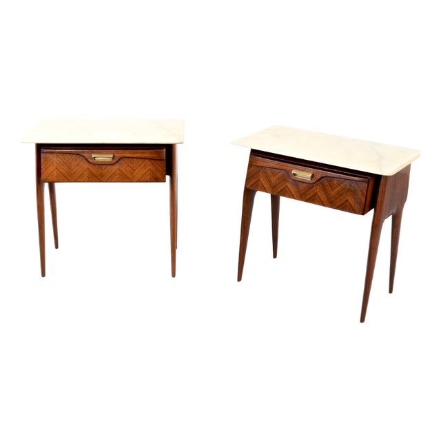 Italian Walnut and Carrara Marble Nightstands, 1960s, Set of 2 For Sale