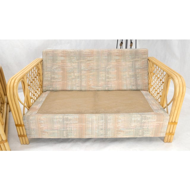 Mid-Century Modern Pair Bent Bamboo Frames Linen Like Upholstery Mid Century Modern Sofa Loveseat For Sale - Image 3 of 13