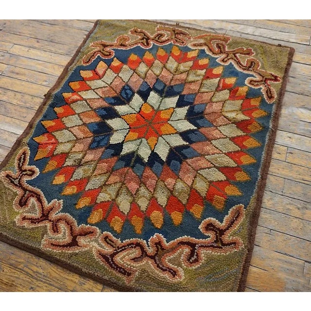 19th Century Excellent Multicolored With Unique Symmetrical Desing Forming a Star in the Center Antique American Hooked Rug For Sale - Image 5 of 13