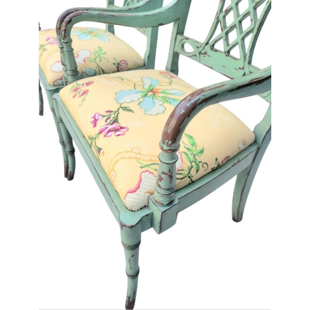 1990s Vintage Distressed Green Brown Fretwork Upholstered Brunschwig Fils Yellow Floral Side Chairs- A Pair For Sale - Image 5 of 15