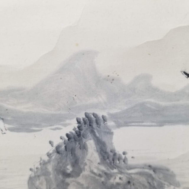 Paper Vintage Japanese Hanging Scroll Ink Landscape With Mountains, Sea, and Sailing Boats For Sale - Image 7 of 13
