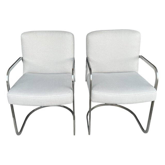 Mid-Century Modern Set of 4 Bauhaus-Style Chrome Cantilever Dining Chairs in Oyster Upholstery For Sale - Image 3 of 16