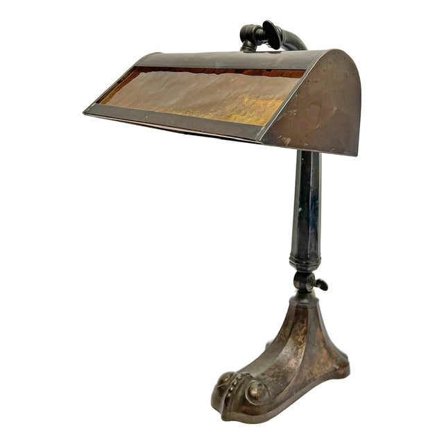 Art Nouveau Bankers Lamp in Brass with Colored Glass Lampshade, 1930s For Sale