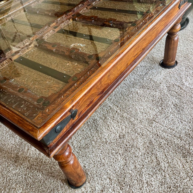 Brown 19th Century Reclaimed Indian Door Coffee Table | Hand-Carved Sheesham & Embossed Brass For Sale - Image 8 of 10
