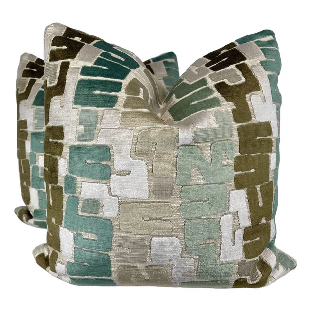Cut Velvet in Turquoise/Bronze 22" Pillows-A Pair For Sale