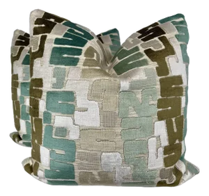 Cut Velvet in Turquoise/Bronze 22" Pillows-A Pair