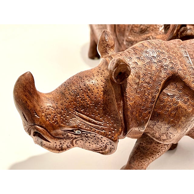 1970s 1970s Set of 3 Hand-Carved Solid Wood Rhinoceros Sculptures, Textured Hide, Inlaid Teeth and Toenails For Sale - Image 5 of 18