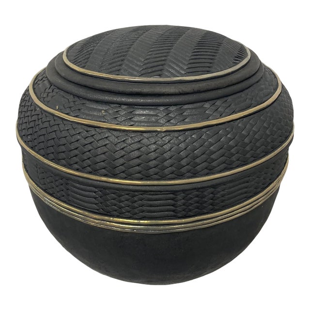 Candone Wharton Raku Basketweave Patterned Lidded Vessel For Sale