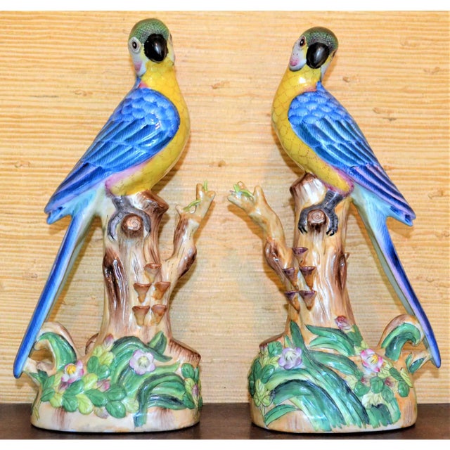Vintage Chinese Blue Majolica Parrot Figurines - A Pair For Sale - Image 11 of 13