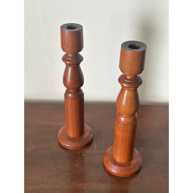 Mid-Century Modern Vintage Midcentury Pair of Hand Turned Wooden Candlesticks 13” Height For Sale - Image 3 of 7
